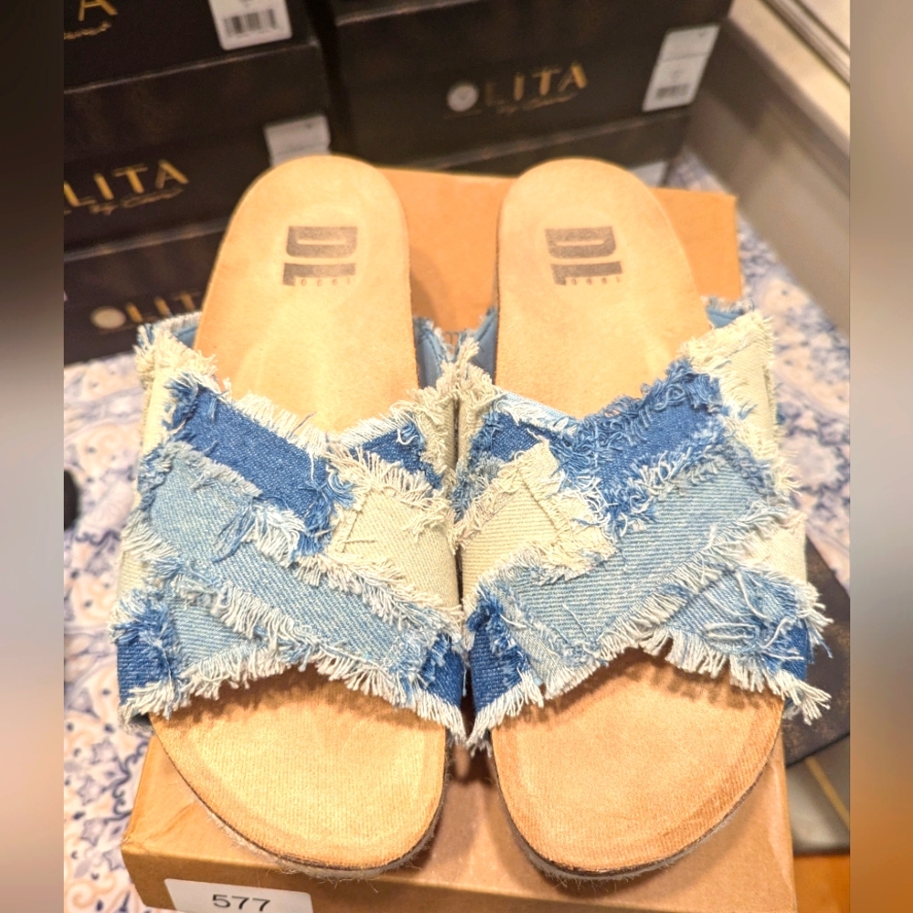 Dirty Laundry Women's Plays Platform Slide Sandal Jean Patchwork 7 New in Box - Picture 2 of 8